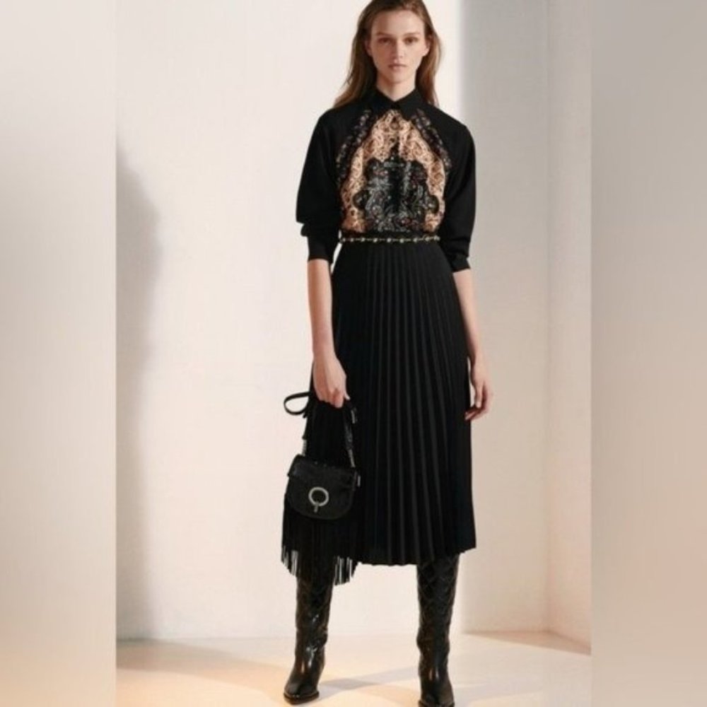 Sandro Black Pleated Midi Dress with Embroidered Panel